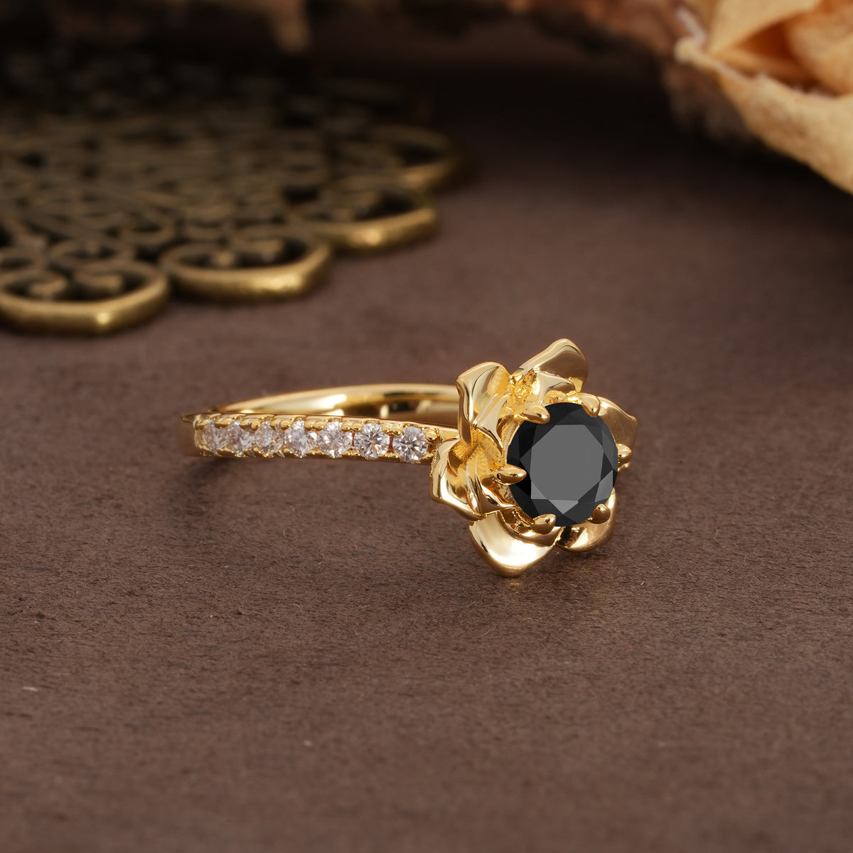 Nature-Inspired Unique Floral Design 6-Prong Round Cut Black Onyx Engagement Ring - Additional view