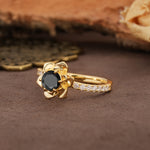 Nature-Inspired Unique Floral Design 6-Prong Round Cut Black Onyx Engagement Ring - Additional view