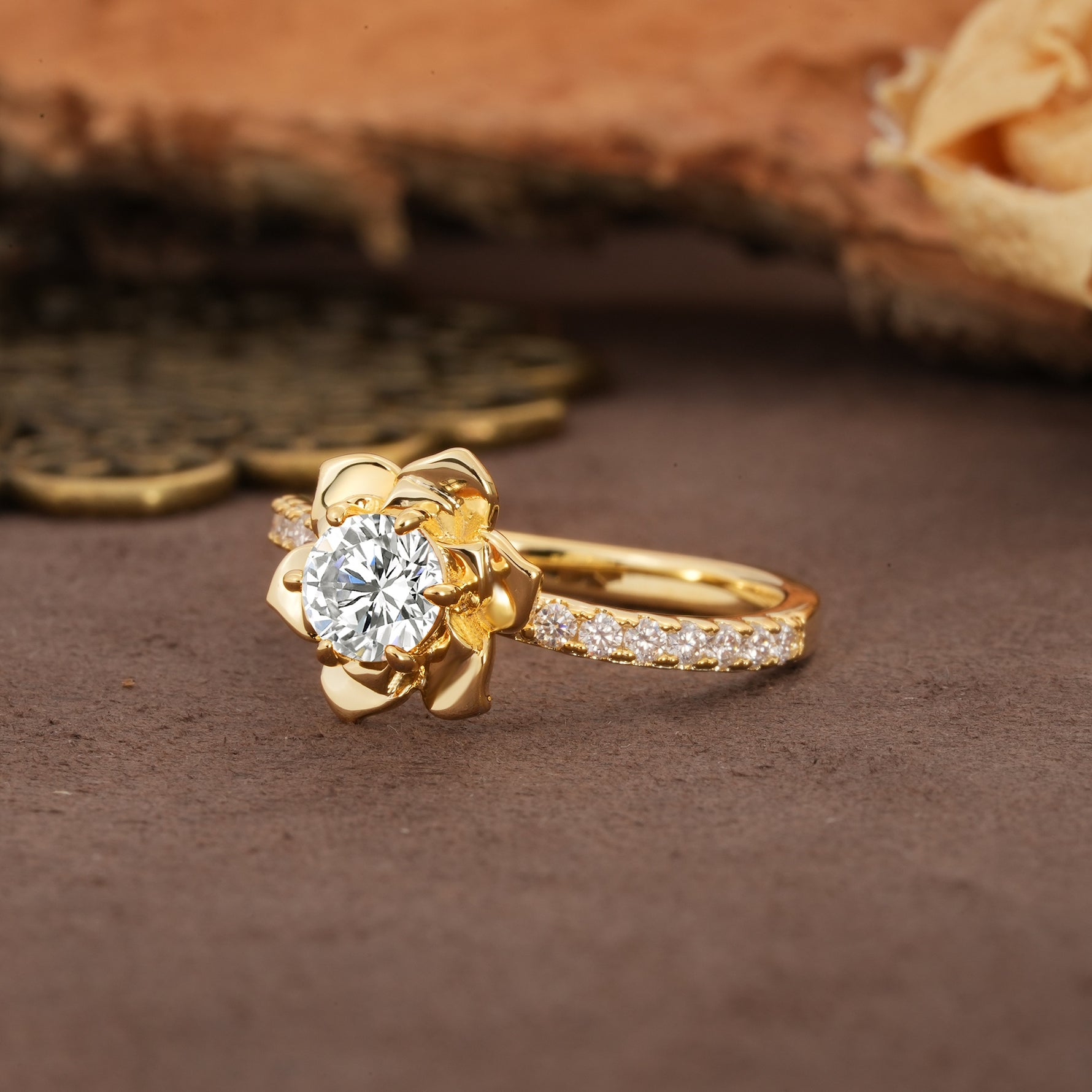Nature-Inspired Unique Floral Design 6-Prong Round Cut Lab Diamond Engagement Ring - Additional view