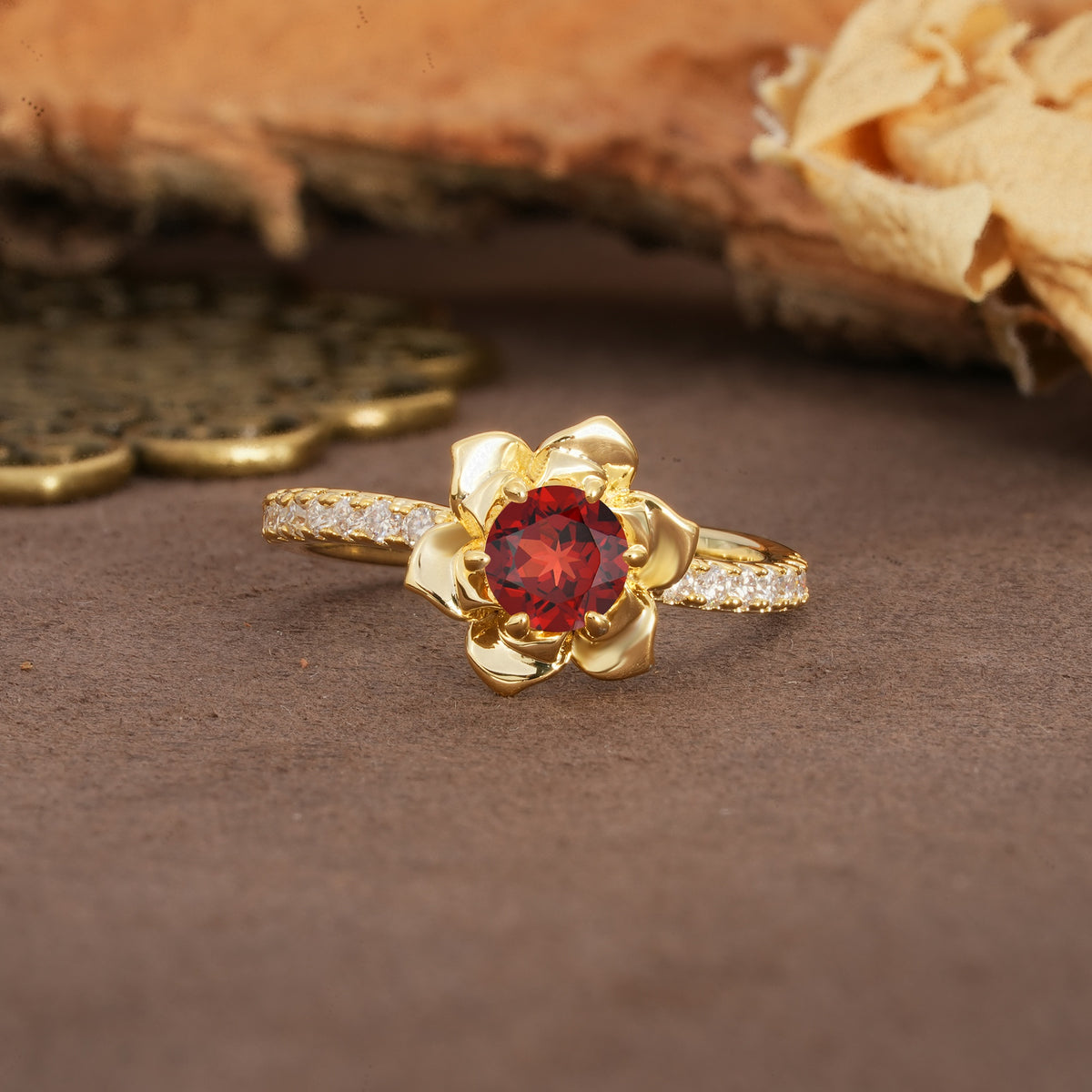 Nature-Inspired Unique Floral Design 6-Prong Round Cut Garnet Engagement Ring - Additional view