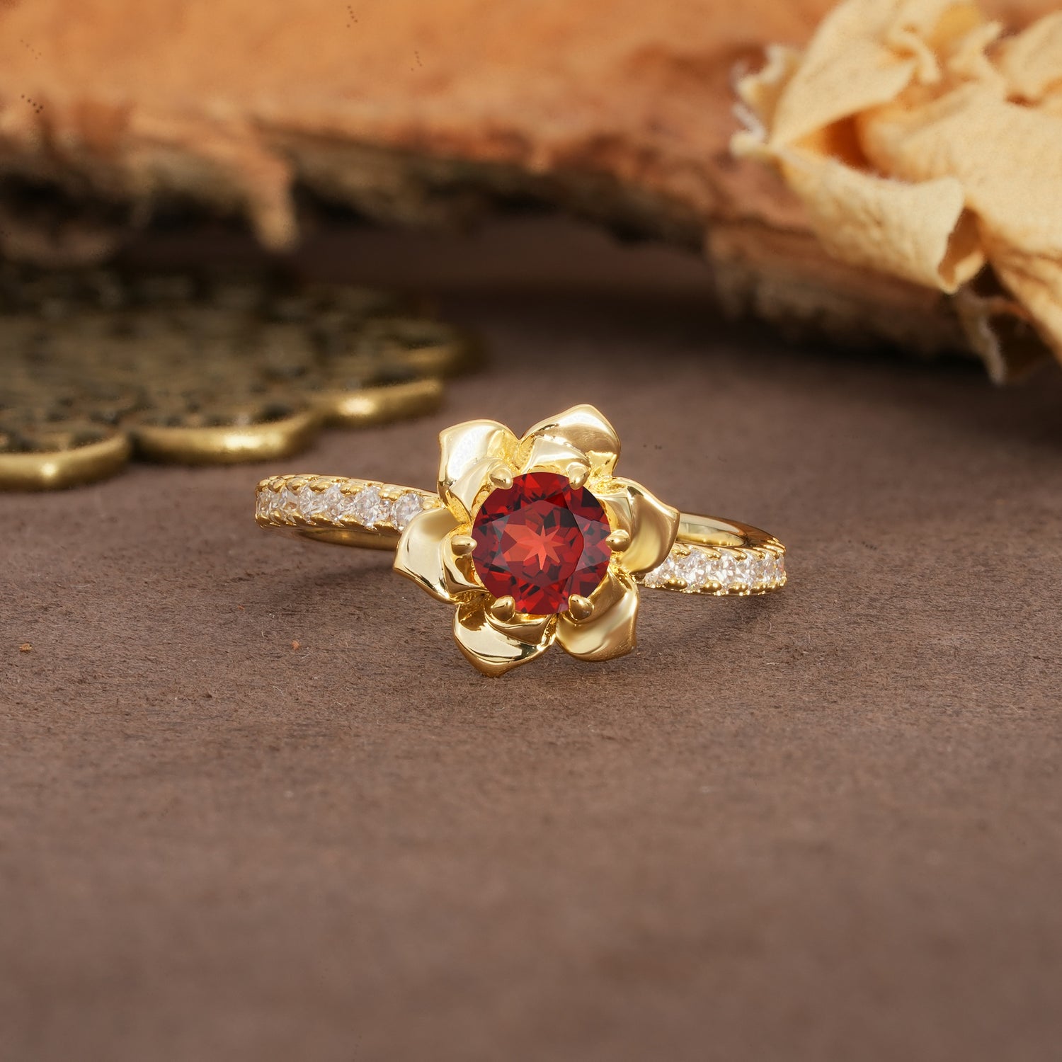 Nature-Inspired Unique Floral Design 6-Prong Round Cut Garnet Engagement Ring - Additional view