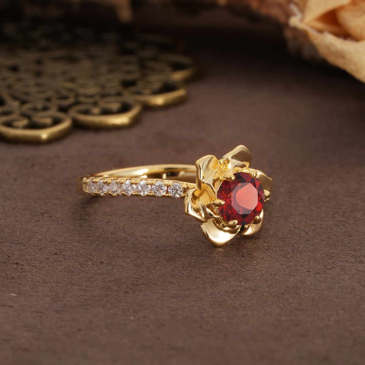 Nature-Inspired Unique Floral Design 6-Prong Round Cut Garnet Engagement Ring - Additional view