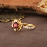 Nature-Inspired Unique Floral Design 6-Prong Round Cut Garnet Engagement Ring - Additional view