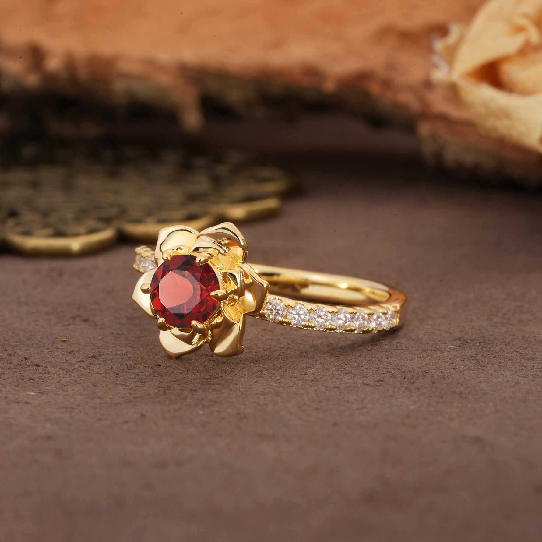 Nature-Inspired Unique Floral Design 6-Prong Round Cut Garnet Engagement Ring - Additional view