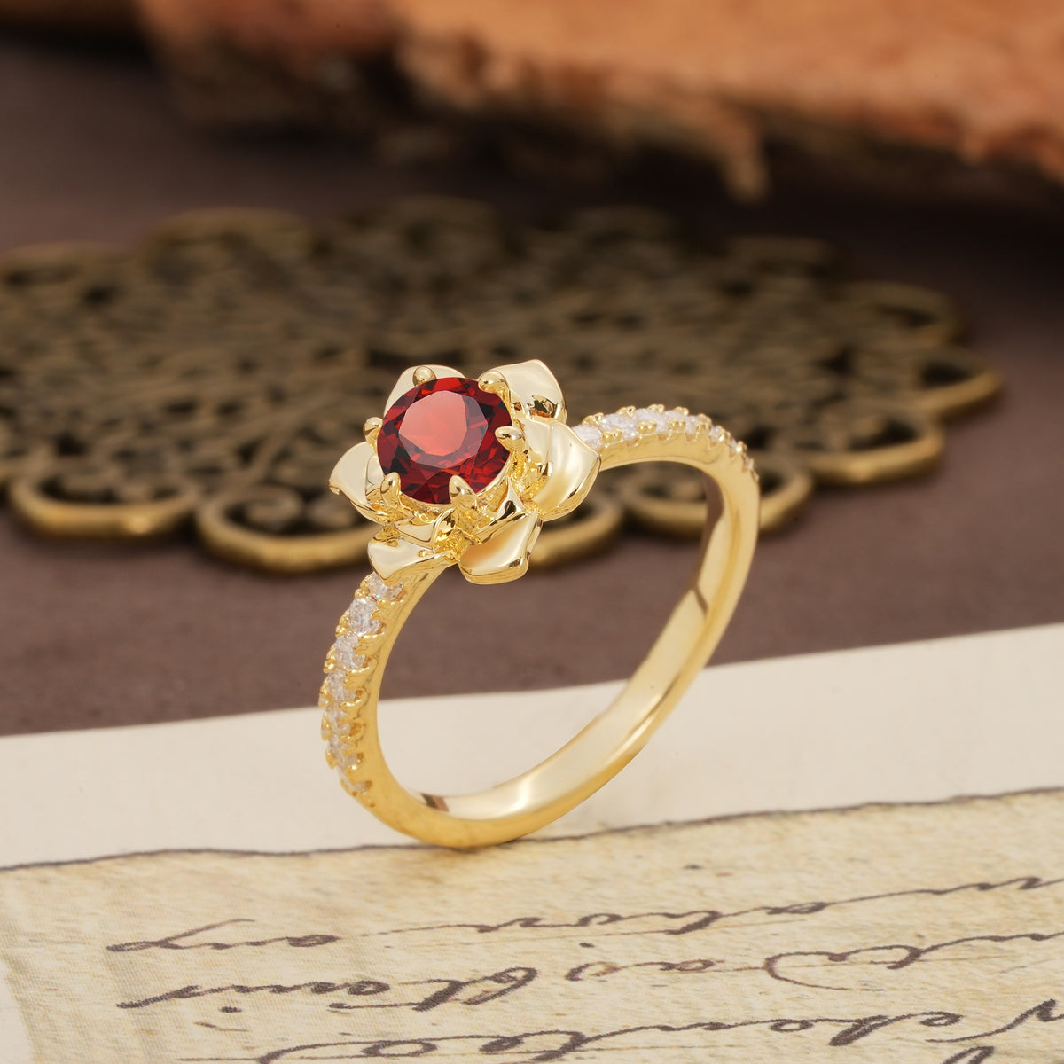 Nature-Inspired Unique Floral Design 6-Prong Round Cut Garnet Engagement Ring - Additional view