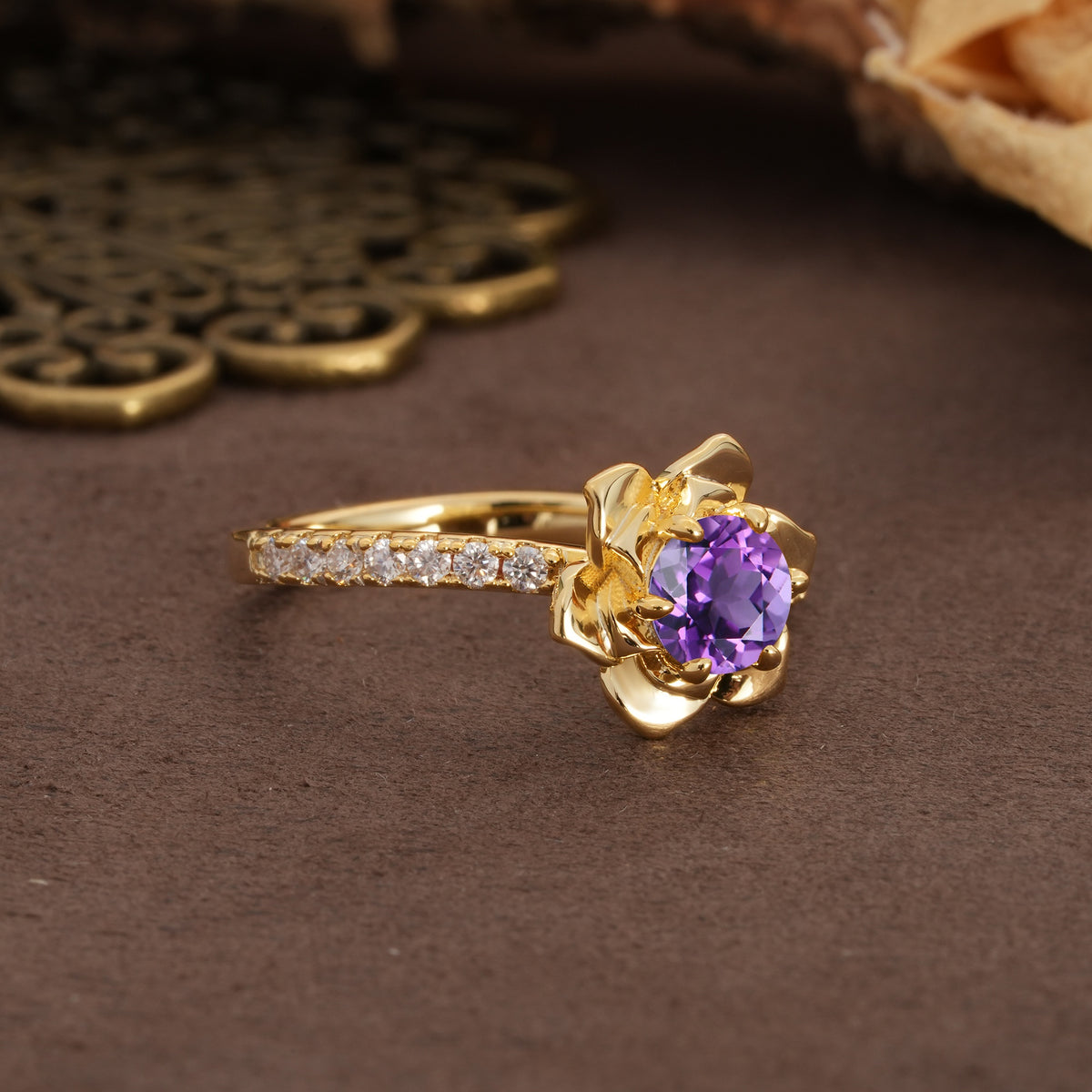 Nature-Inspired Unique Floral Design 6-Prong Round Cut Amethyst Engagement Ring - Additional view