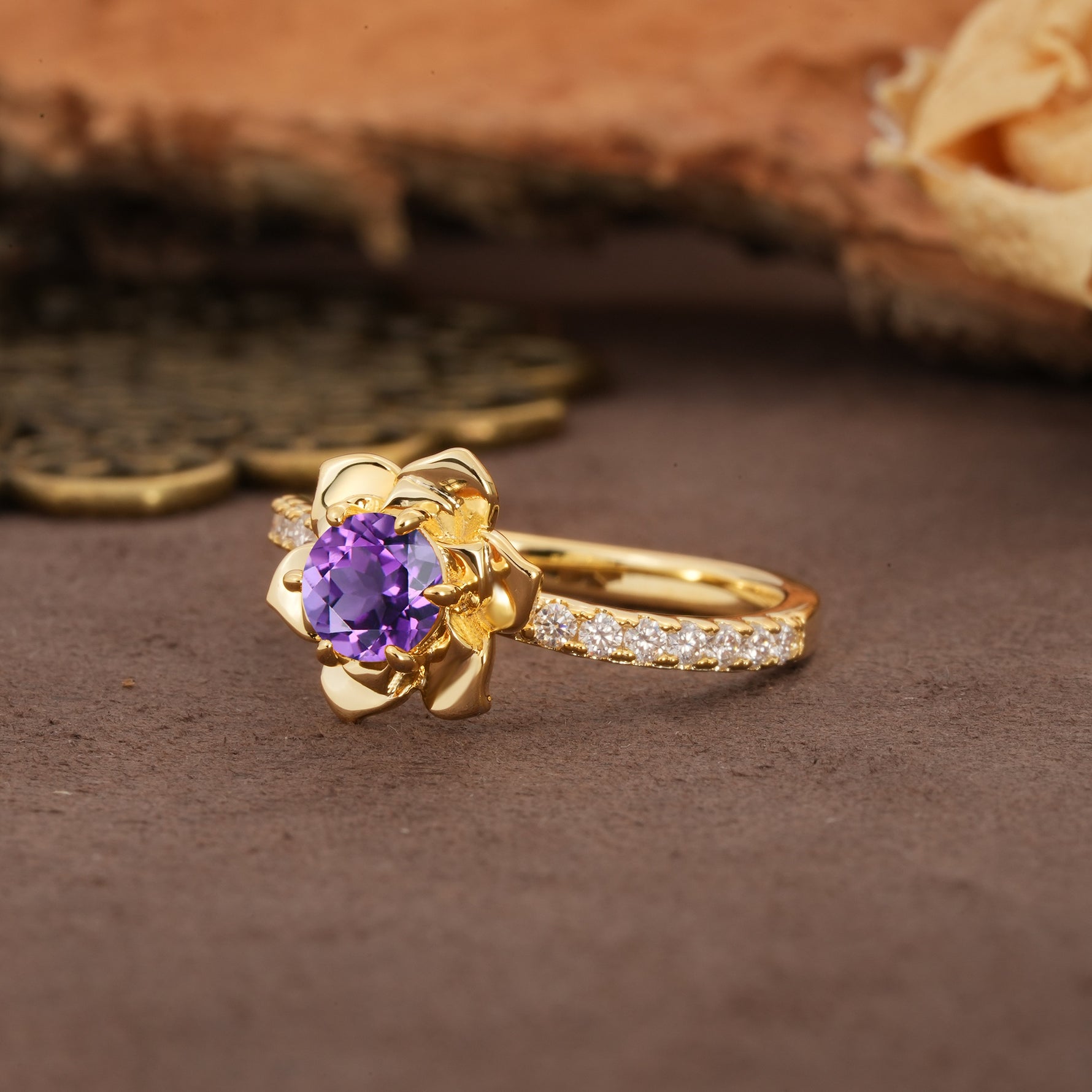 Nature-Inspired Unique Floral Design 6-Prong Round Cut Amethyst Engagement Ring - Additional view