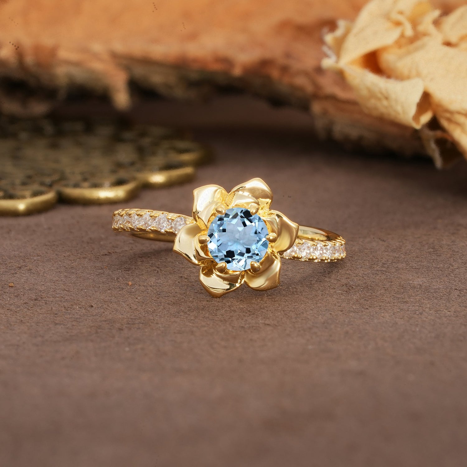 Nature-Inspired Unique Floral Design 6-Prong Round Cut Aquamarine Engagement Ring