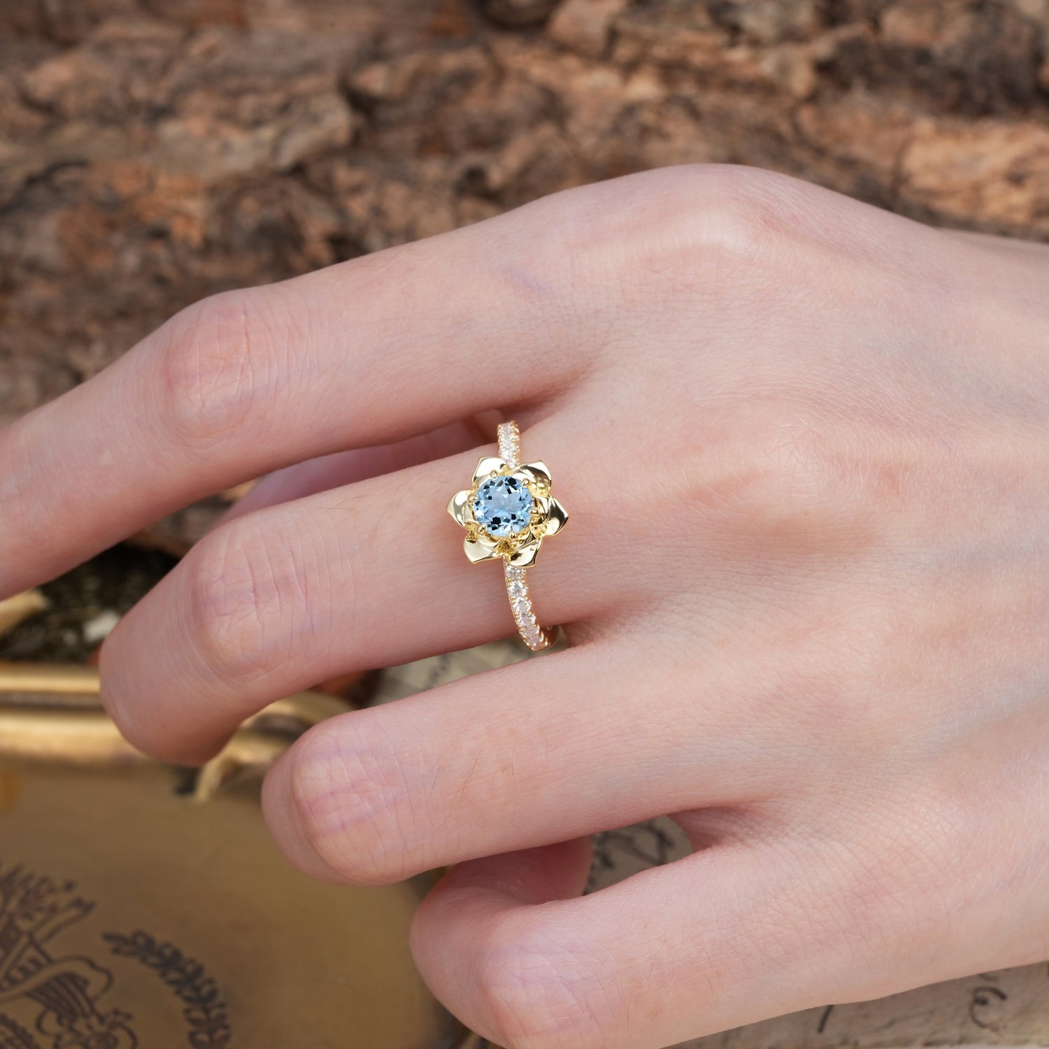 Nature-Inspired Unique Floral Design 6-Prong Round Cut Aquamarine Engagement Ring