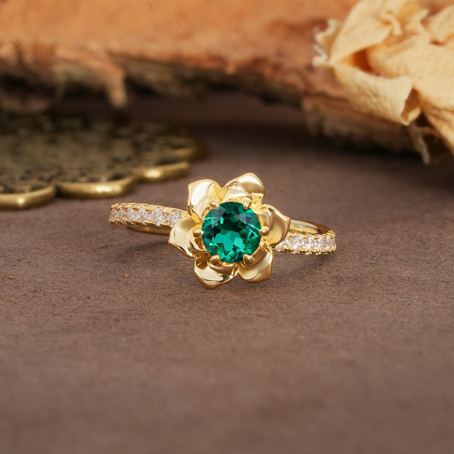 Nature-Inspired Unique Floral Design 6-Prong Round Cut Emerald Engagement Ring - Additional view