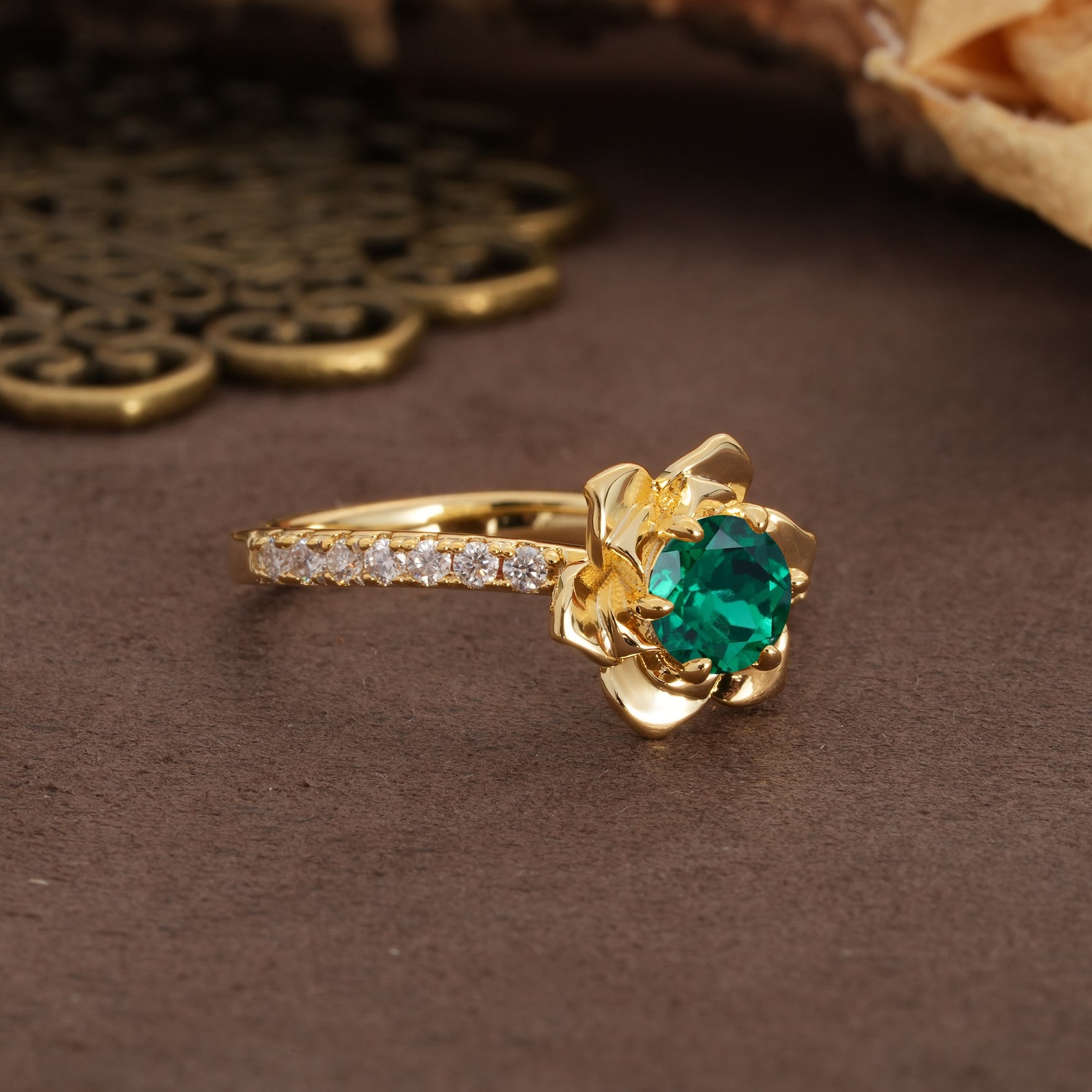 Nature-Inspired Unique Floral Design 6-Prong Round Cut Emerald Engagement Ring - Additional view