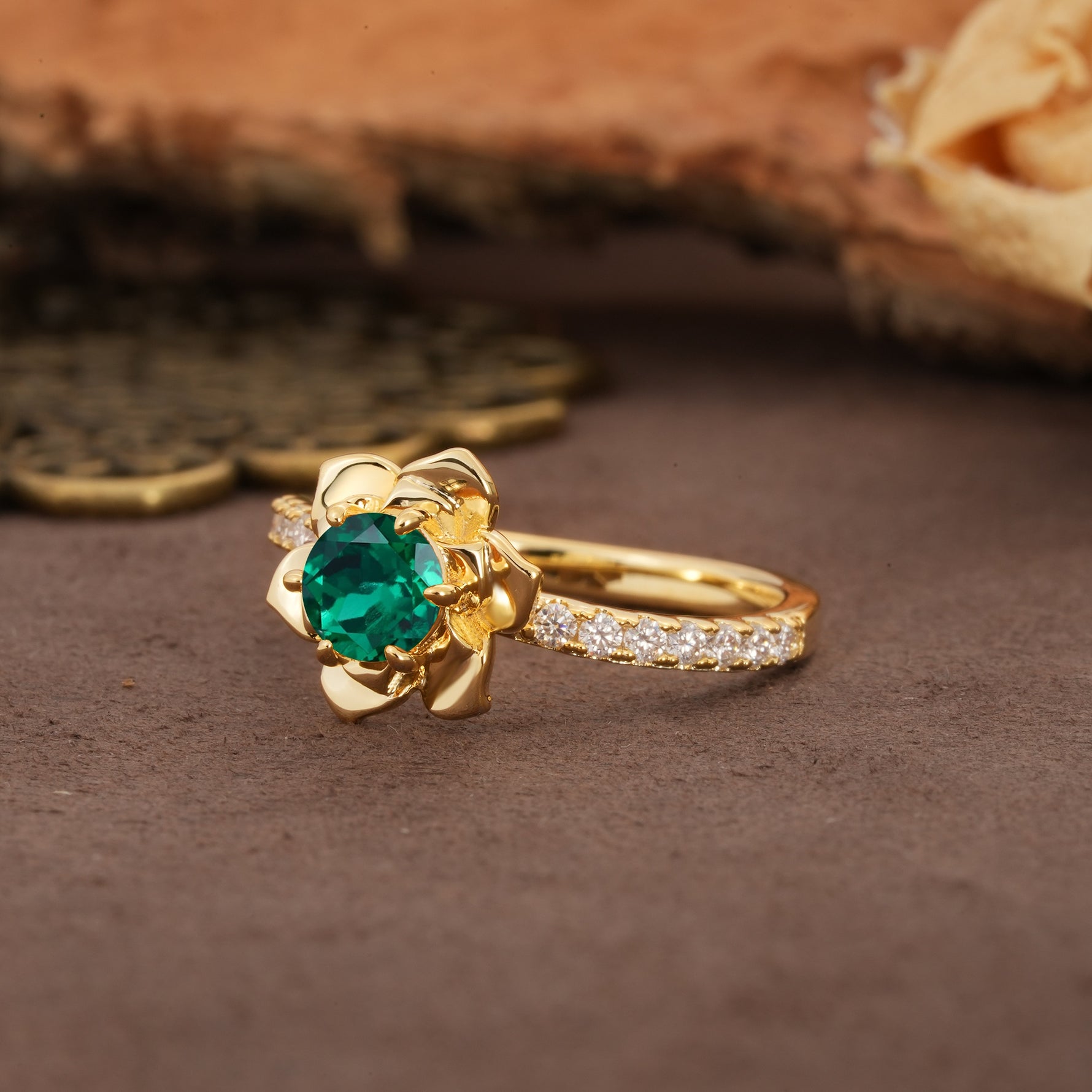 Nature-Inspired Unique Floral Design 6-Prong Round Cut Emerald Engagement Ring - Additional view