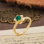 Nature-Inspired Unique Floral Design 6-Prong Round Cut Emerald Engagement Ring - Additional view
