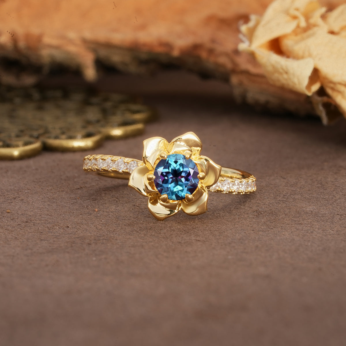 Nature-Inspired Unique Floral Design 6-Prong Round Cut Alexandrite Engagement Ring - Additional view