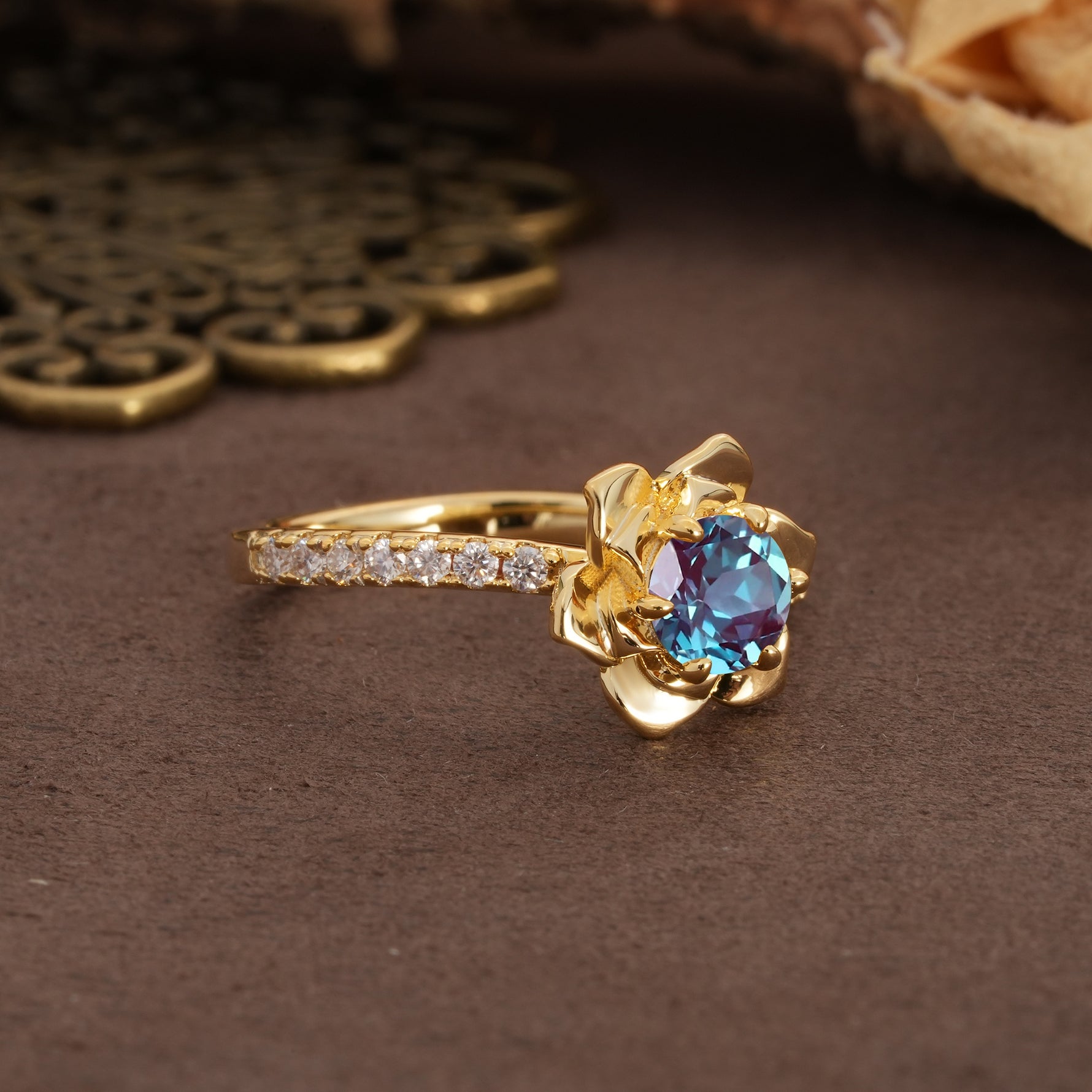 Nature-Inspired Unique Floral Design 6-Prong Round Cut Alexandrite Engagement Ring - Additional view