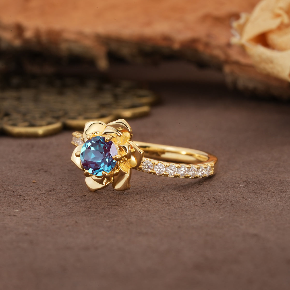 Nature-Inspired Unique Floral Design 6-Prong Round Cut Alexandrite Engagement Ring - Additional view