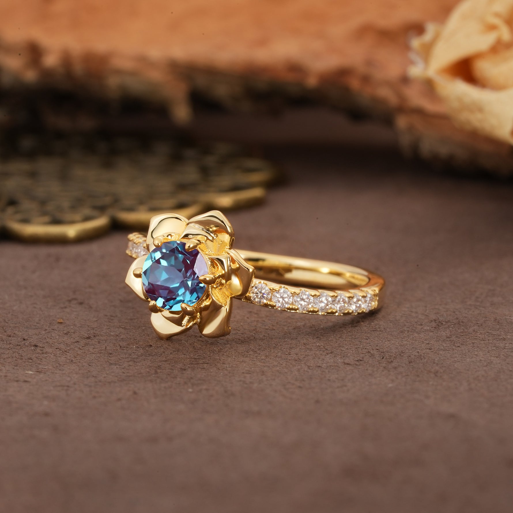 Nature-Inspired Unique Floral Design 6-Prong Round Cut Alexandrite Engagement Ring - Additional view