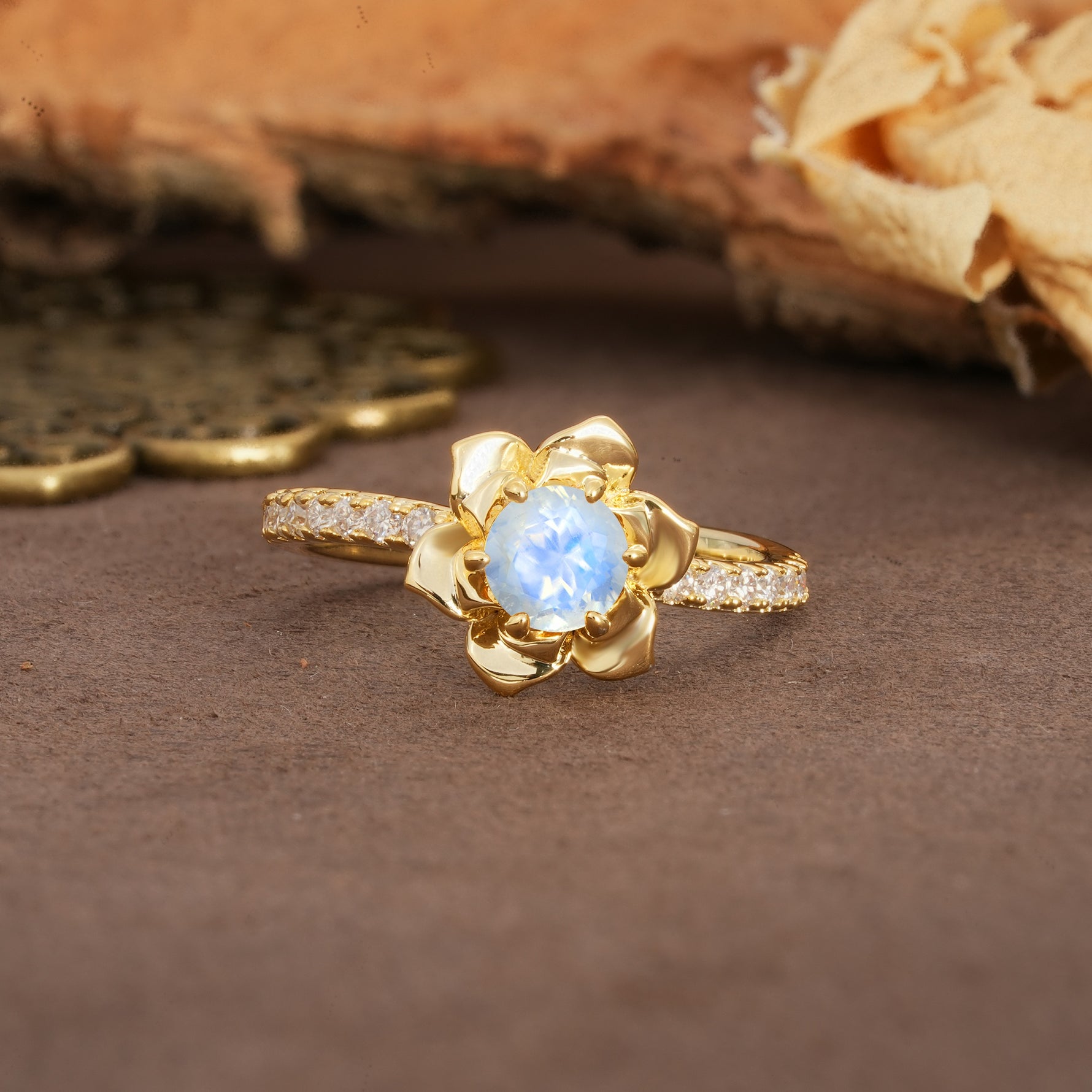 Nature-Inspired Unique Floral Design 6-Prong Round Cut Moonstone Engagement Ring - Additional view