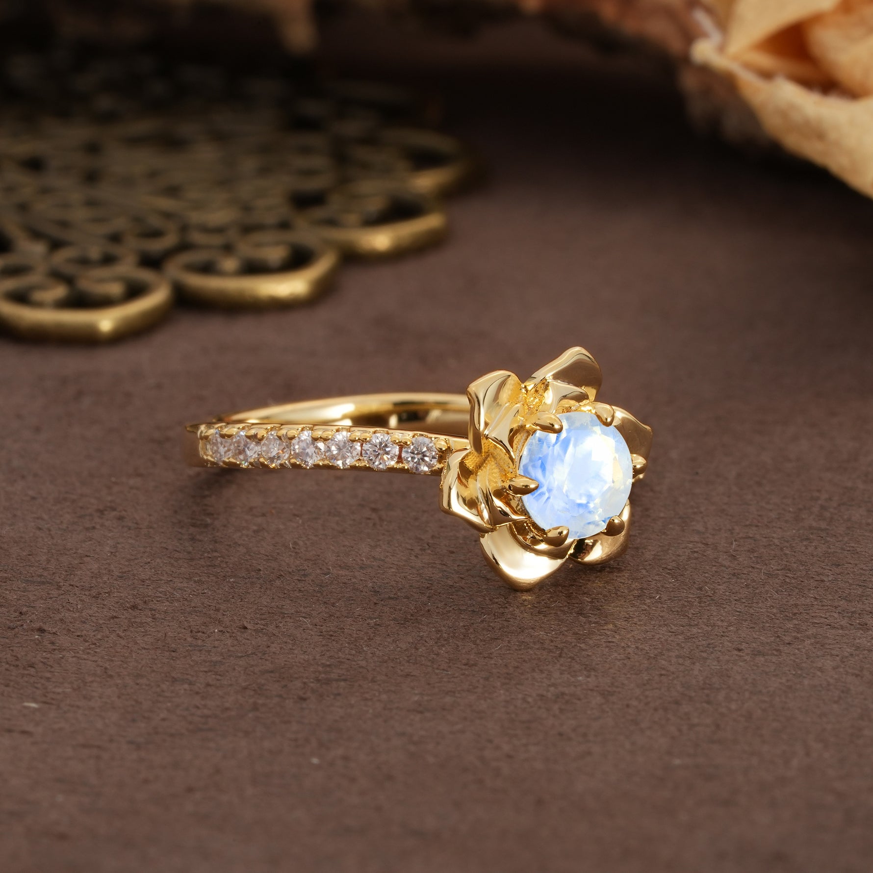 Nature-Inspired Unique Floral Design 6-Prong Round Cut Moonstone Engagement Ring - Additional view