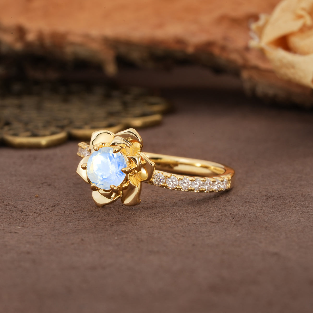 Nature-Inspired Unique Floral Design 6-Prong Round Cut Moonstone Engagement Ring - Additional view