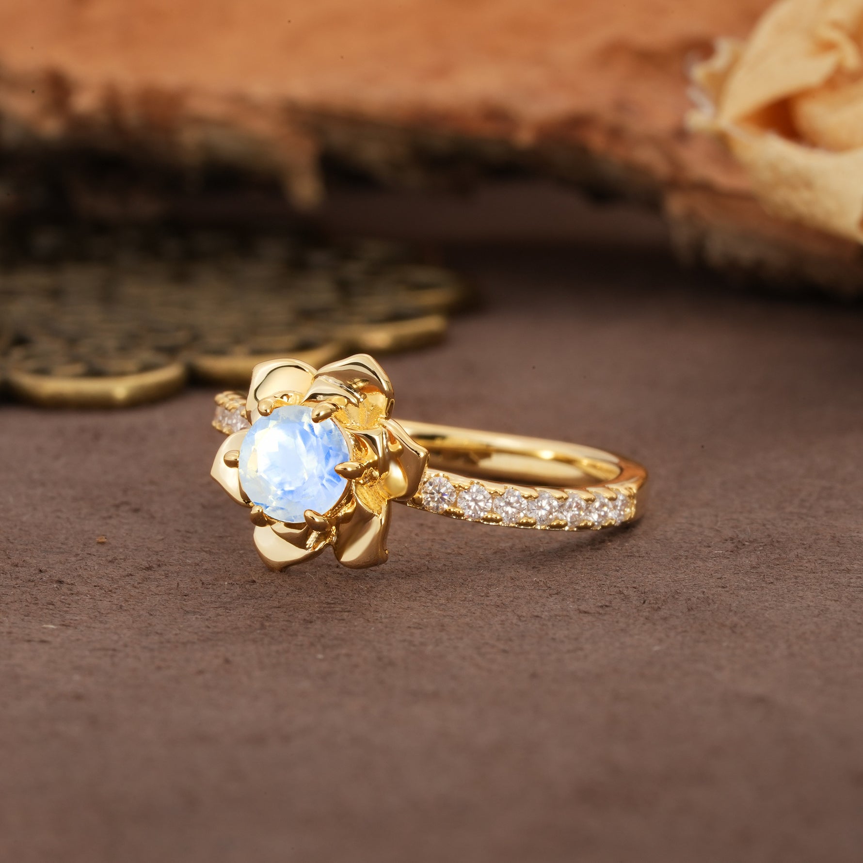 Nature-Inspired Unique Floral Design 6-Prong Round Cut Moonstone Engagement Ring - Additional view
