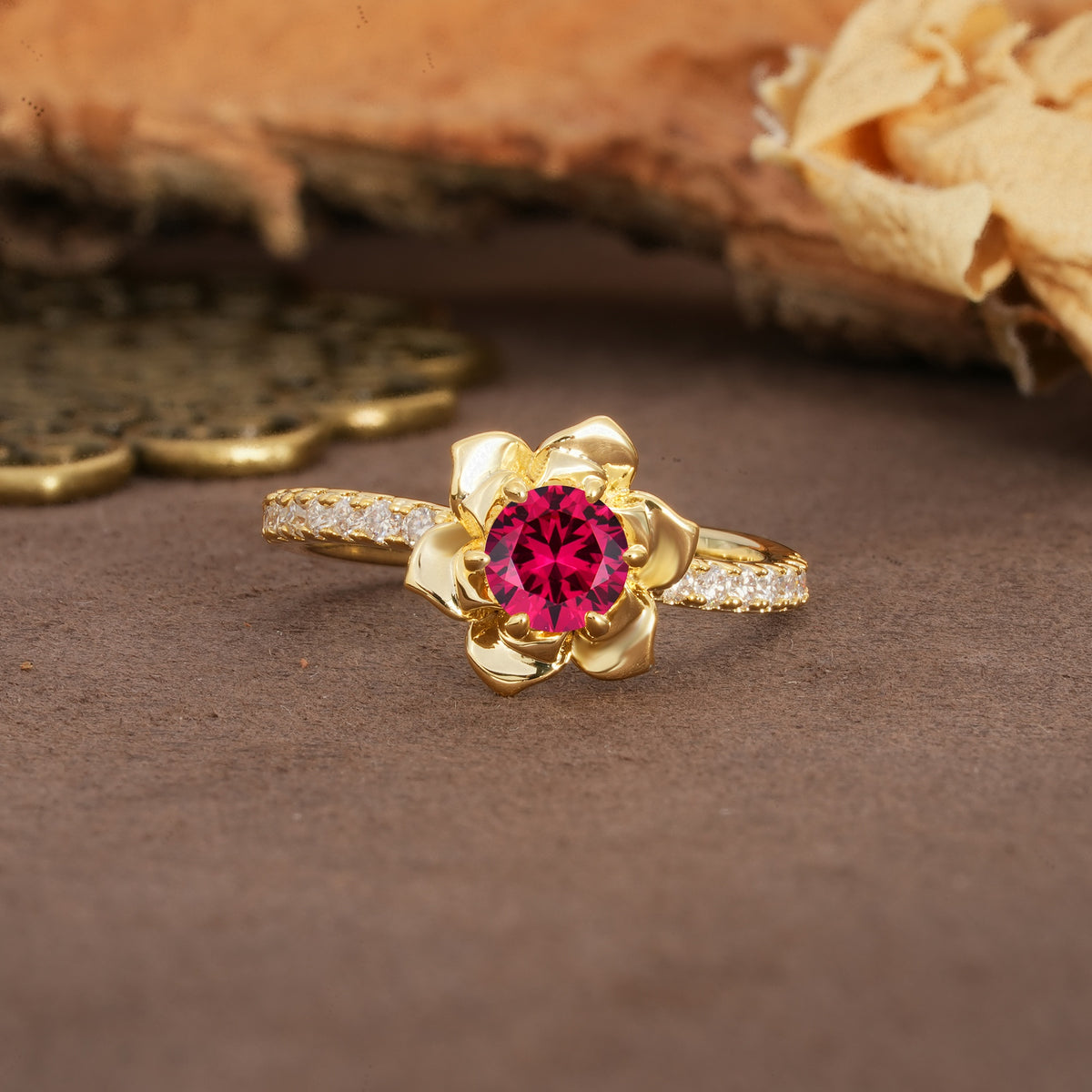 Nature-Inspired Unique Floral Design 6-Prong Round Cut Ruby Engagement Ring - Additional view