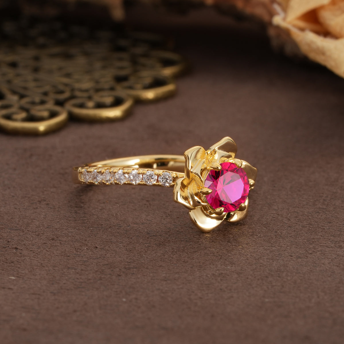 Nature-Inspired Unique Floral Design 6-Prong Round Cut Ruby Engagement Ring - Additional view