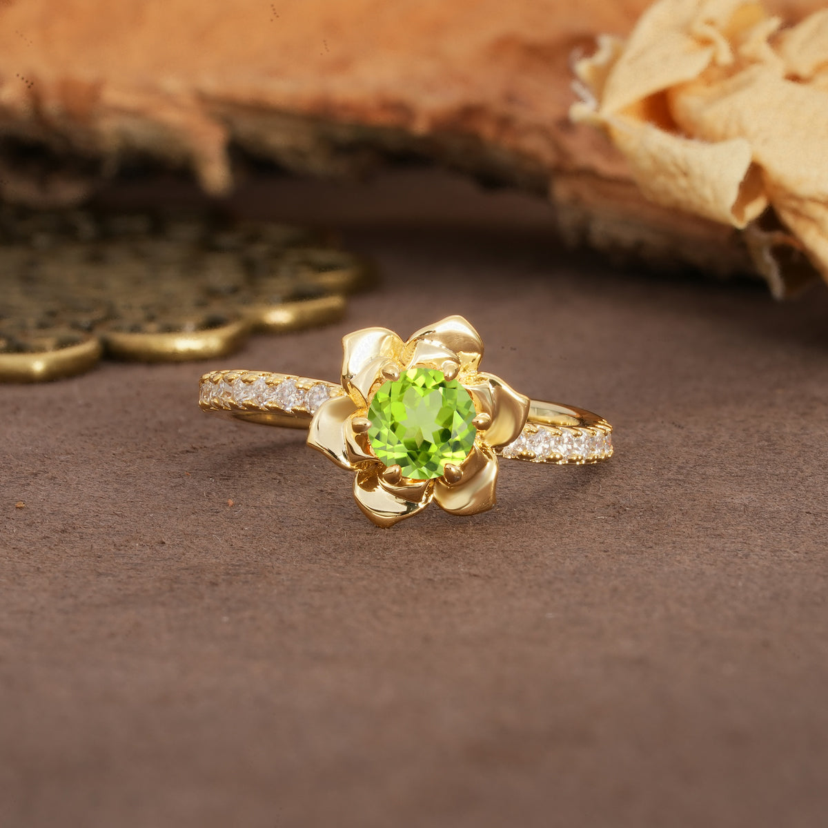 Nature-Inspired Unique Floral Design 6-Prong Round Cut Peridot Engagement Ring - Additional view