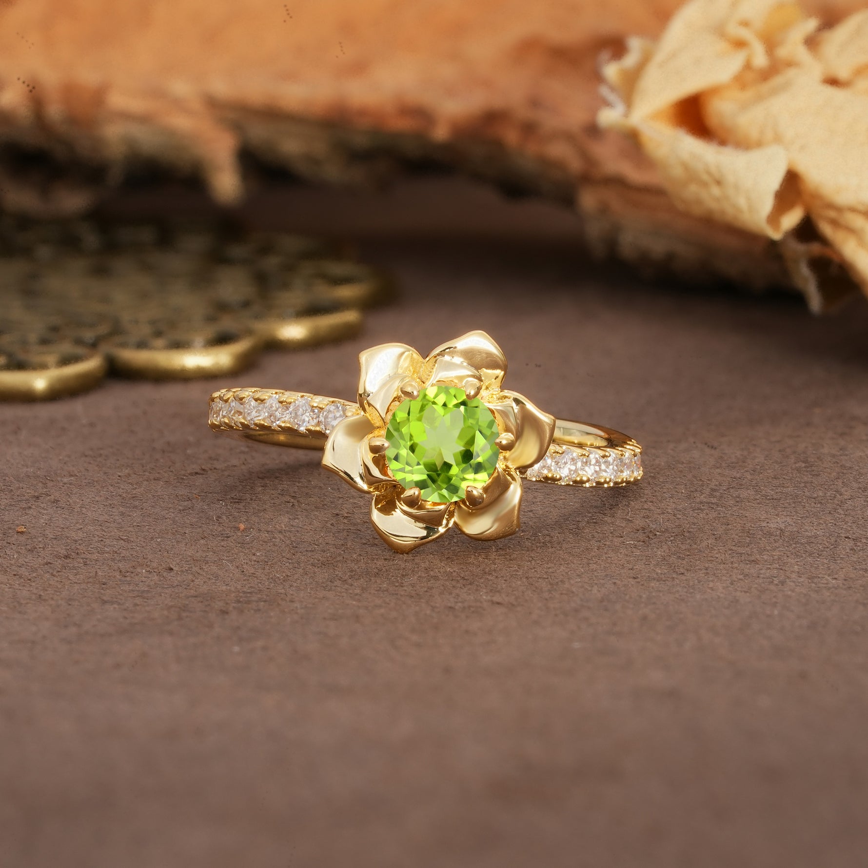 Nature-Inspired Unique Floral Design 6-Prong Round Cut Peridot Engagement Ring - Additional view