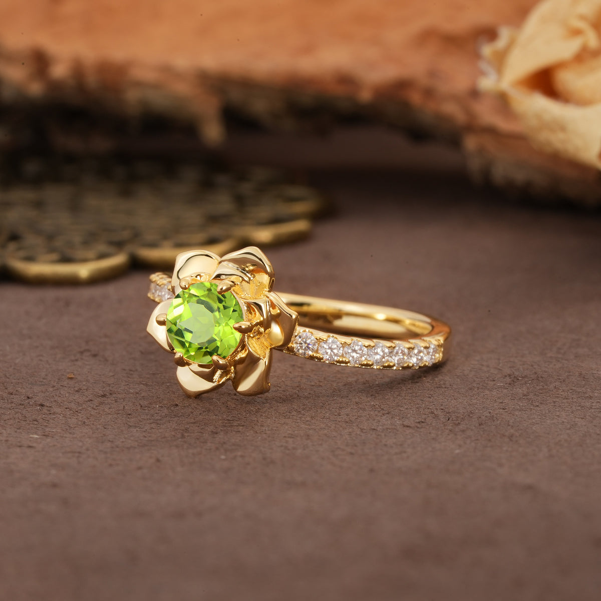 Nature-Inspired Unique Floral Design 6-Prong Round Cut Peridot Engagement Ring - Additional view