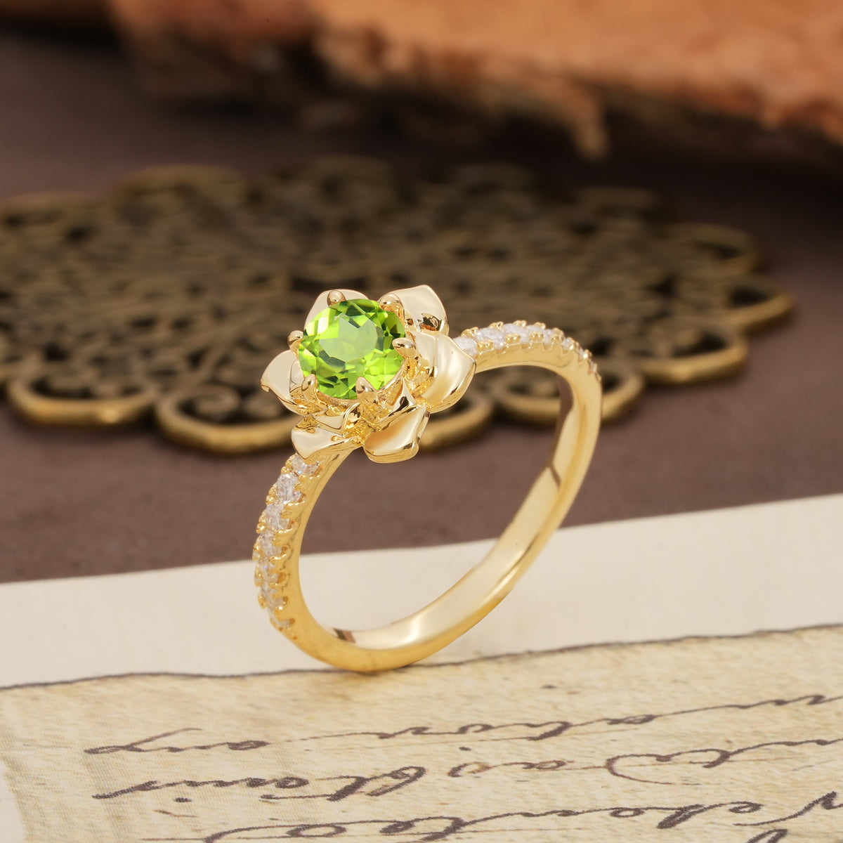 Nature-Inspired Unique Floral Design 6-Prong Round Cut Peridot Engagement Ring - Additional view