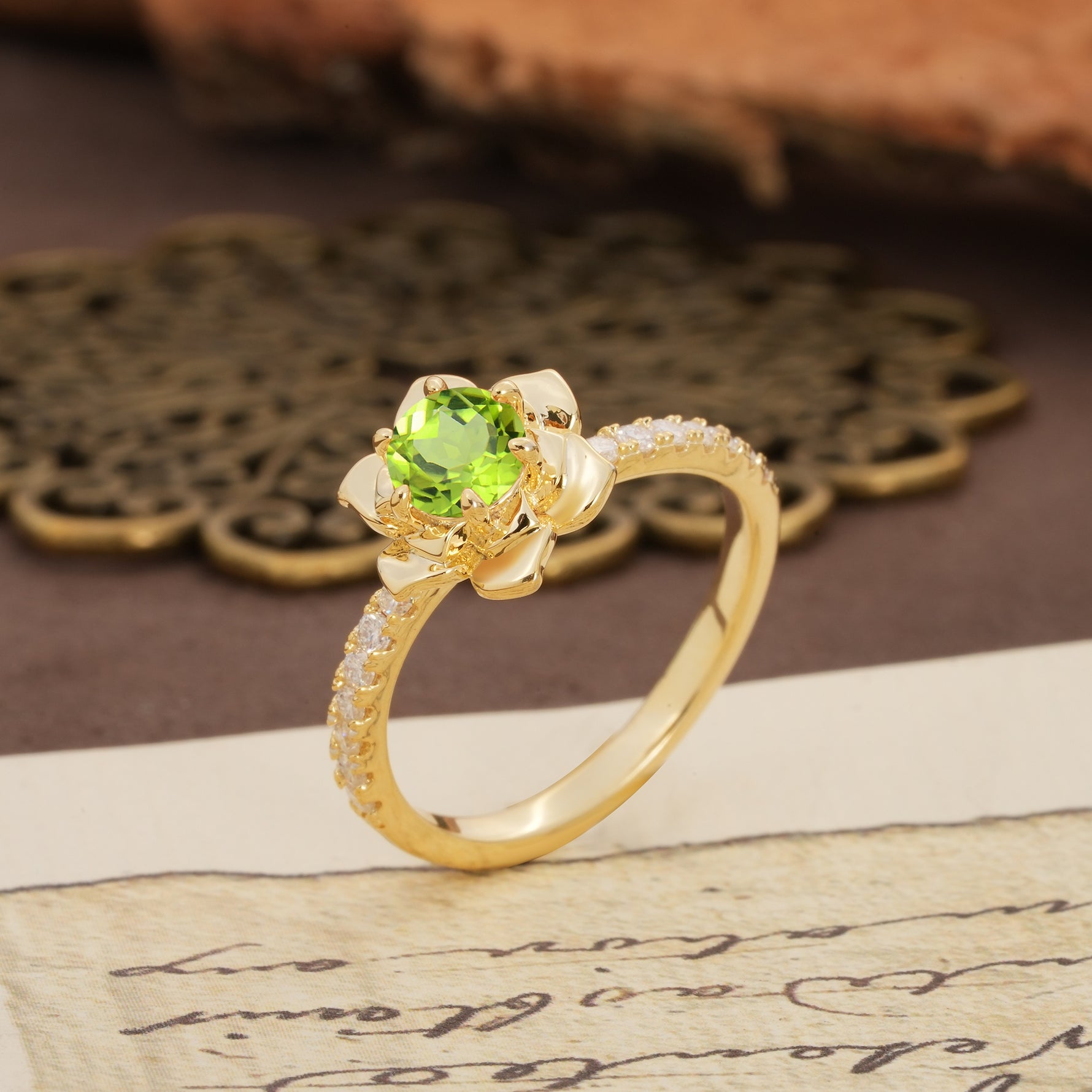 Nature-Inspired Unique Floral Design 6-Prong Round Cut Peridot Engagement Ring - Additional view
