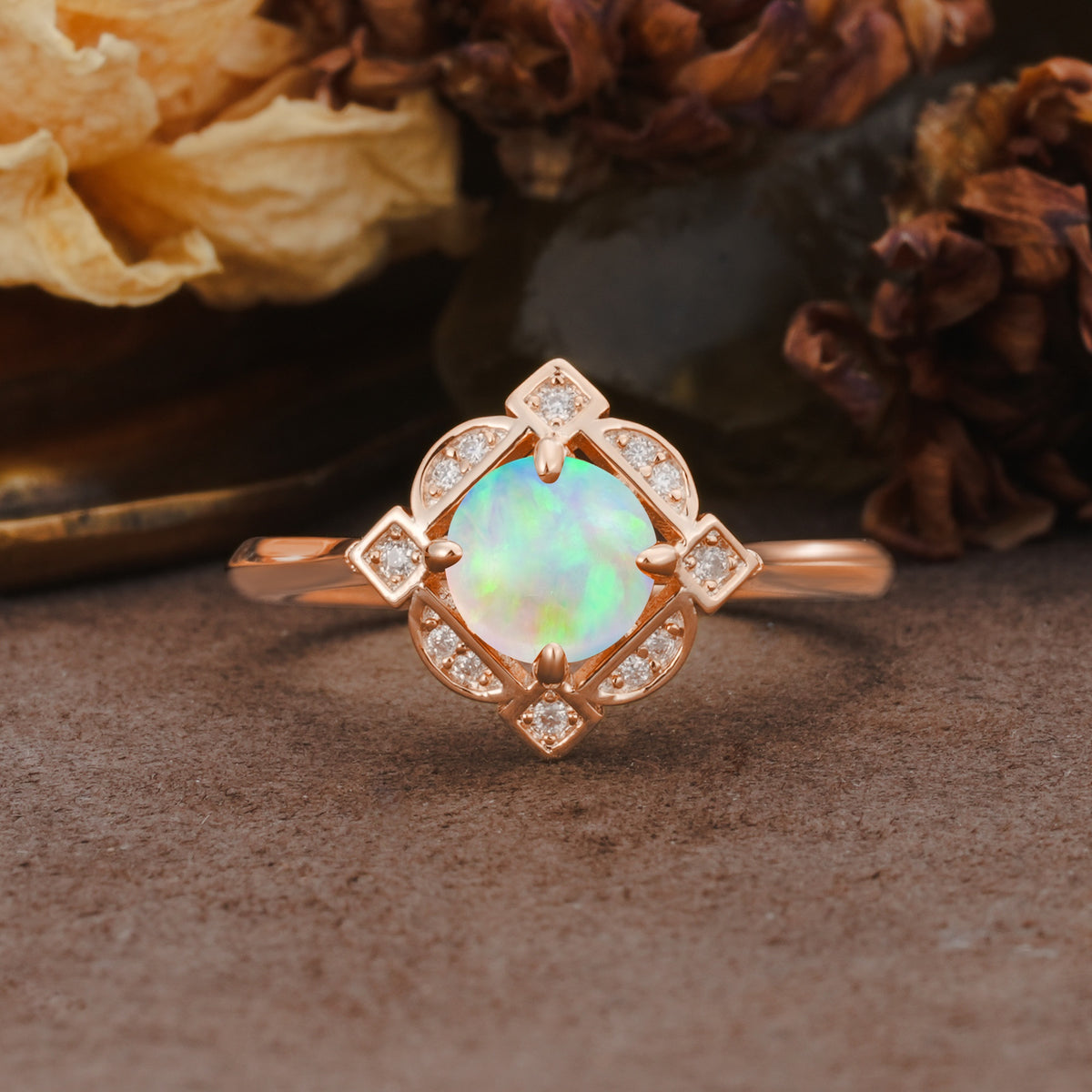 Nature-Inspired Unique Floral-Shaped 4-Prong Round-Cut Fire Opal Engagement Ring - Additional view