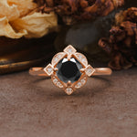 Nature-Inspired Unique Floral-Shaped 4-Prong Round-Cut Black Onyx Engagement Ring - Additional view