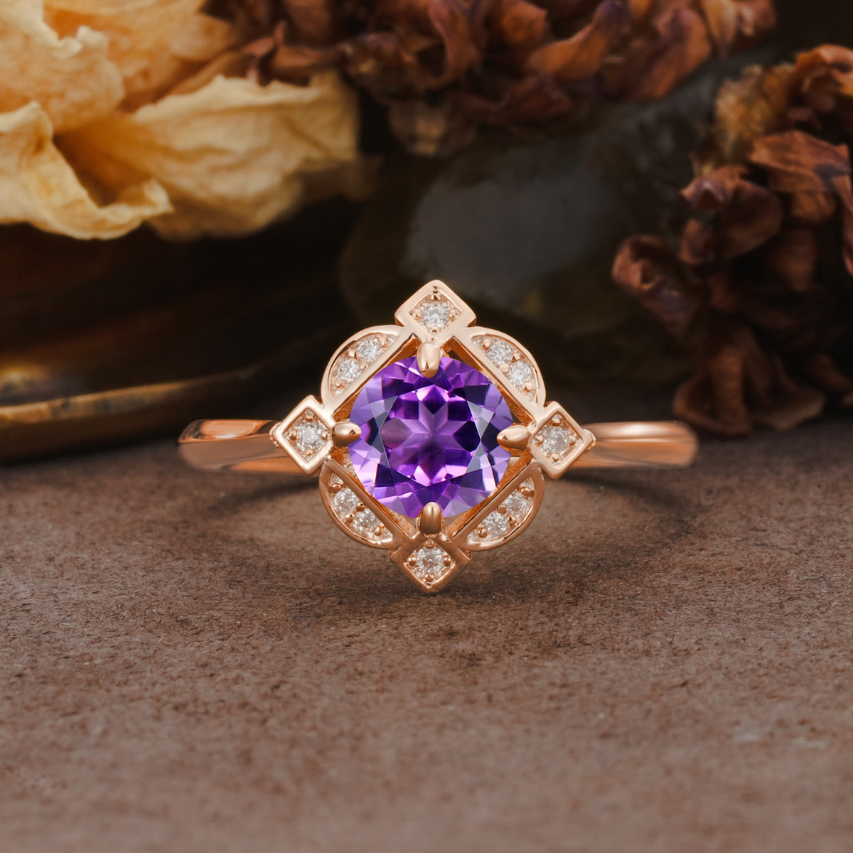 Nature-Inspired Unique Floral-Shaped 4-Prong Round-Cut Amethyst Engagement Ring - Additional view