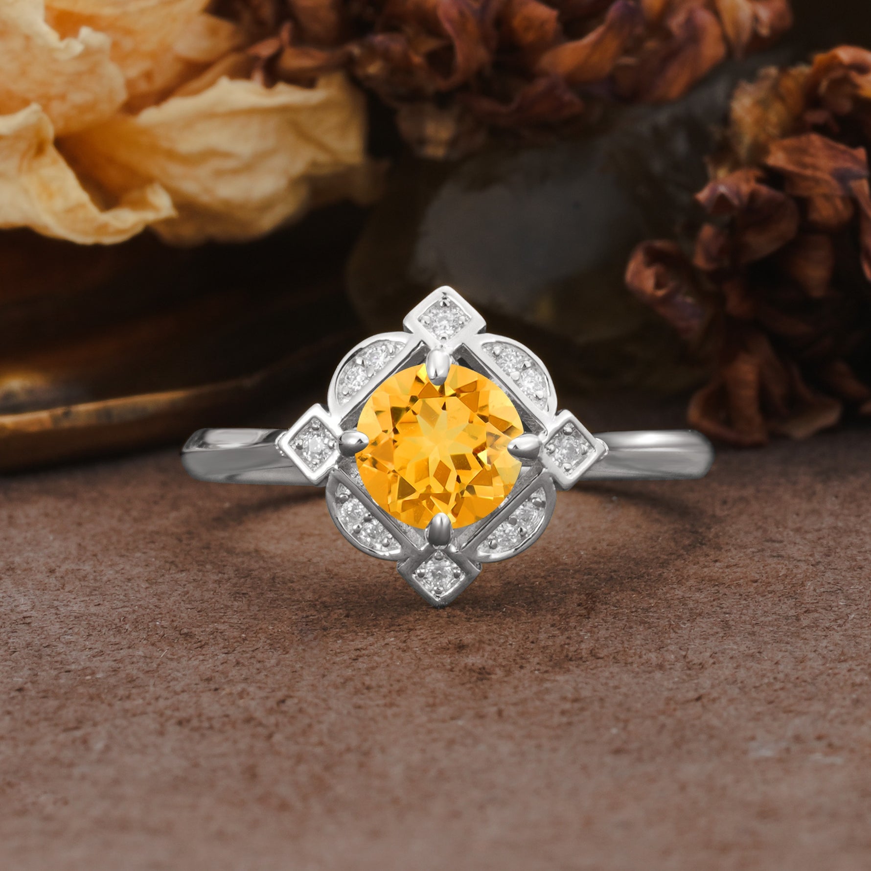 Nature-Inspired Unique Floral-Shaped 4-Prong Round-Cut Citrine Engagement Ring - Additional view