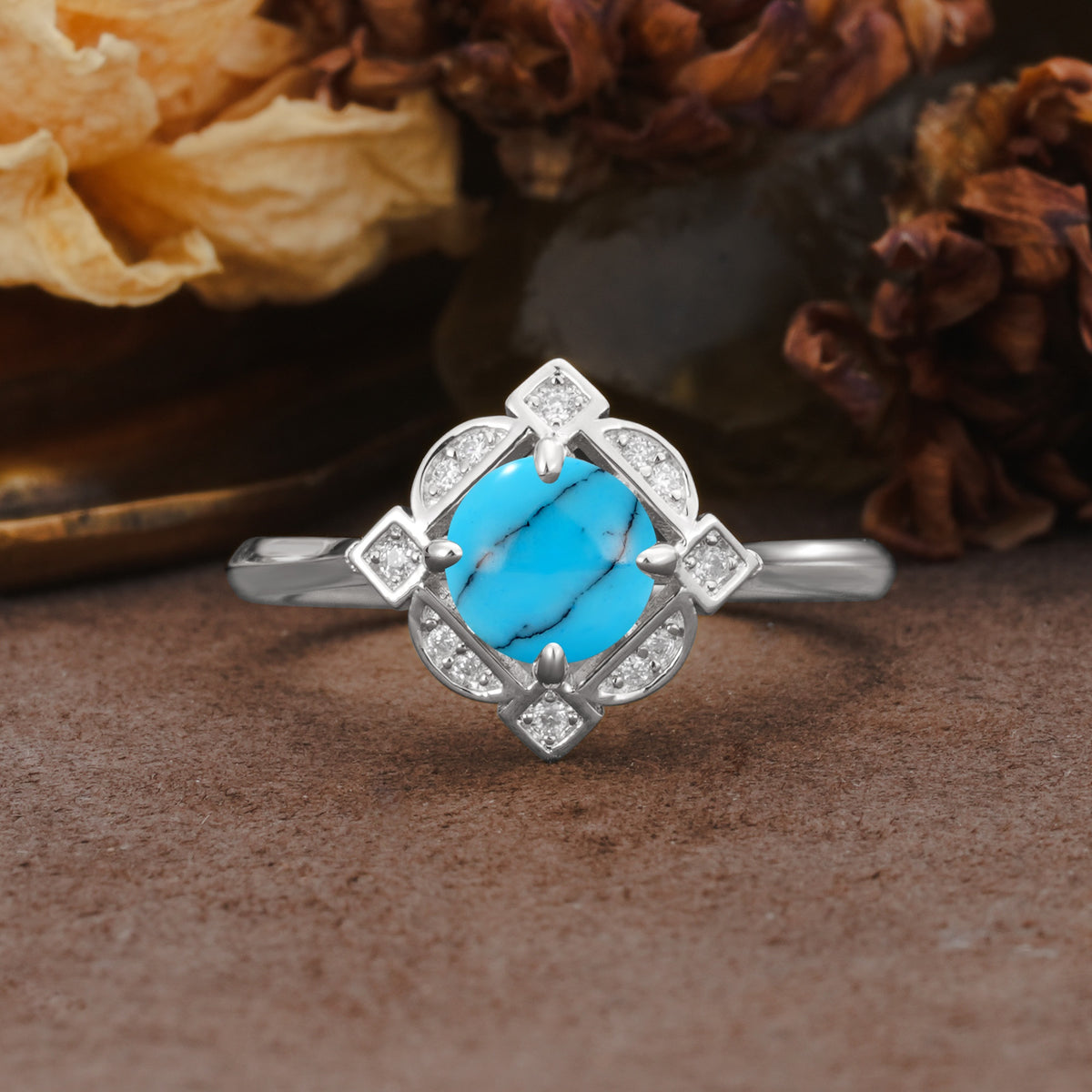 Nature-Inspired Unique Floral-Shaped 4-Prong Round-Cut Turquoise Engagement Ring - Additional view