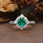 Nature-Inspired Unique Floral-Shaped 4-Prong Round-Cut Emerald Engagement Ring - Additional view
