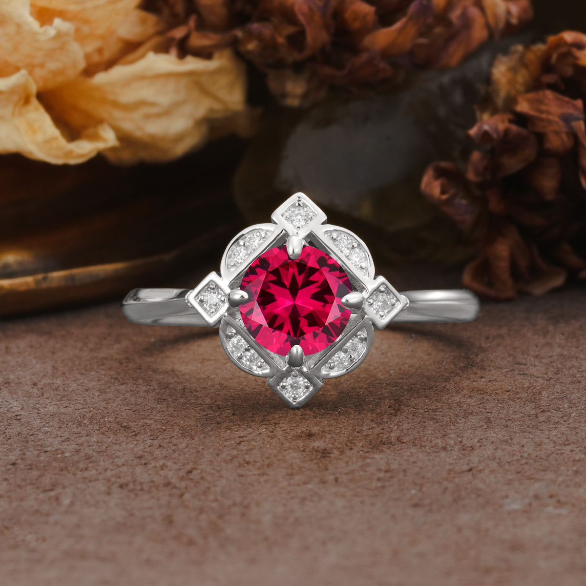 Nature-Inspired Unique Floral-Shaped 4-Prong Round-Cut Ruby Engagement Ring - Additional view