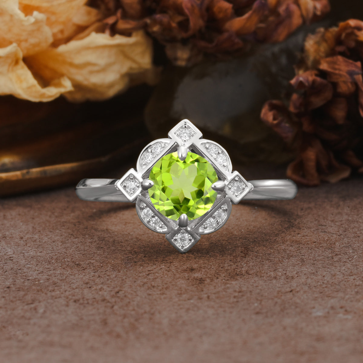 Nature-Inspired Unique Floral-Shaped 4-Prong Round-Cut Peridot Engagement Ring - Additional view