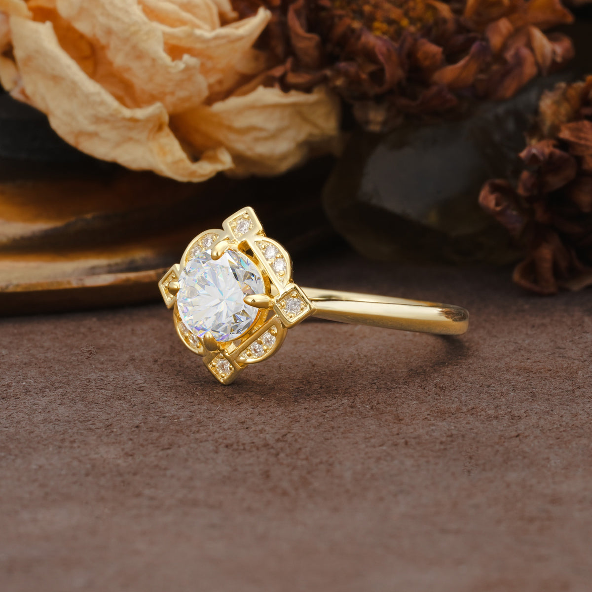 Nature-Inspired Unique Floral-Shaped 4-Prong Round-Cut Moissanite Engagement Ring - Additional view
