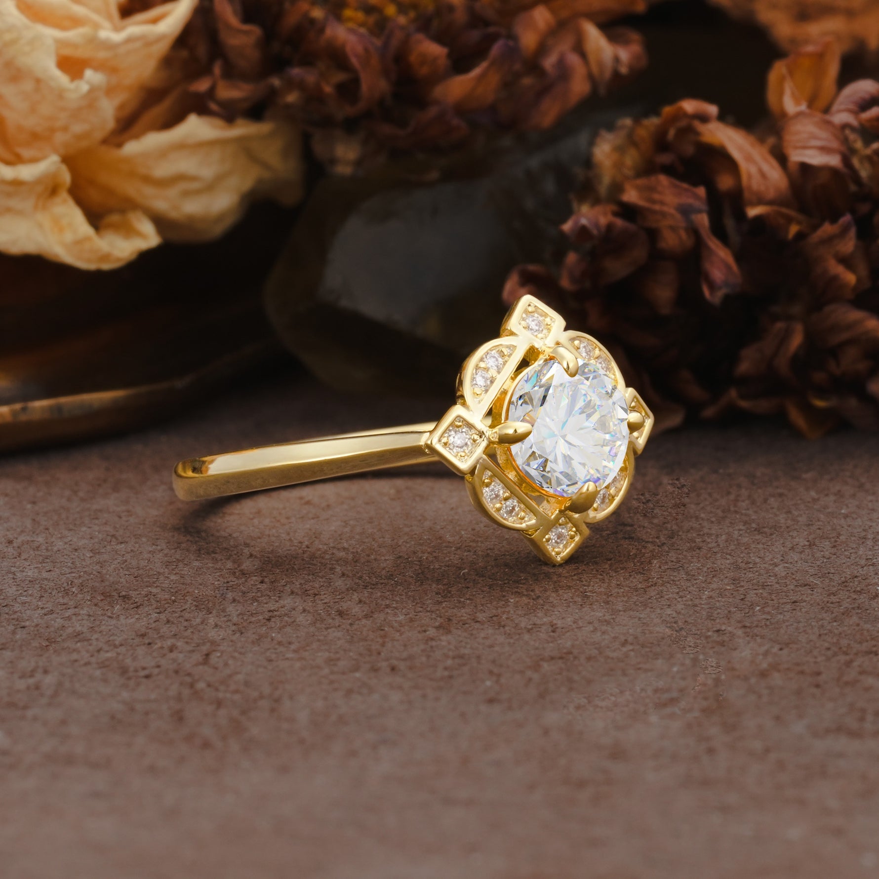 Nature-Inspired Unique Floral-Shaped 4-Prong Round-Cut Moissanite Engagement Ring - Additional view