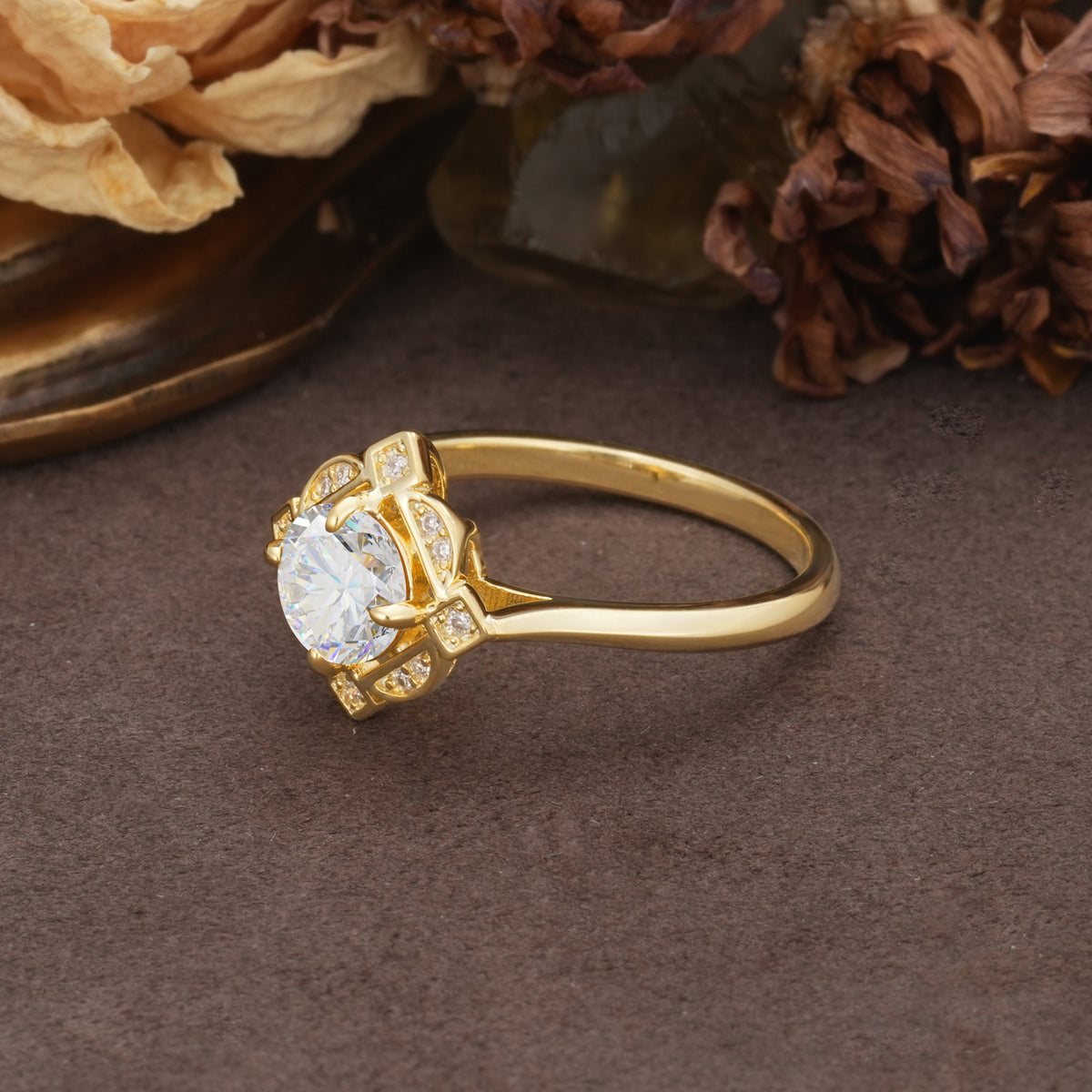 Nature-Inspired Unique Floral-Shaped 4-Prong Round-Cut Moissanite Engagement Ring - Additional view