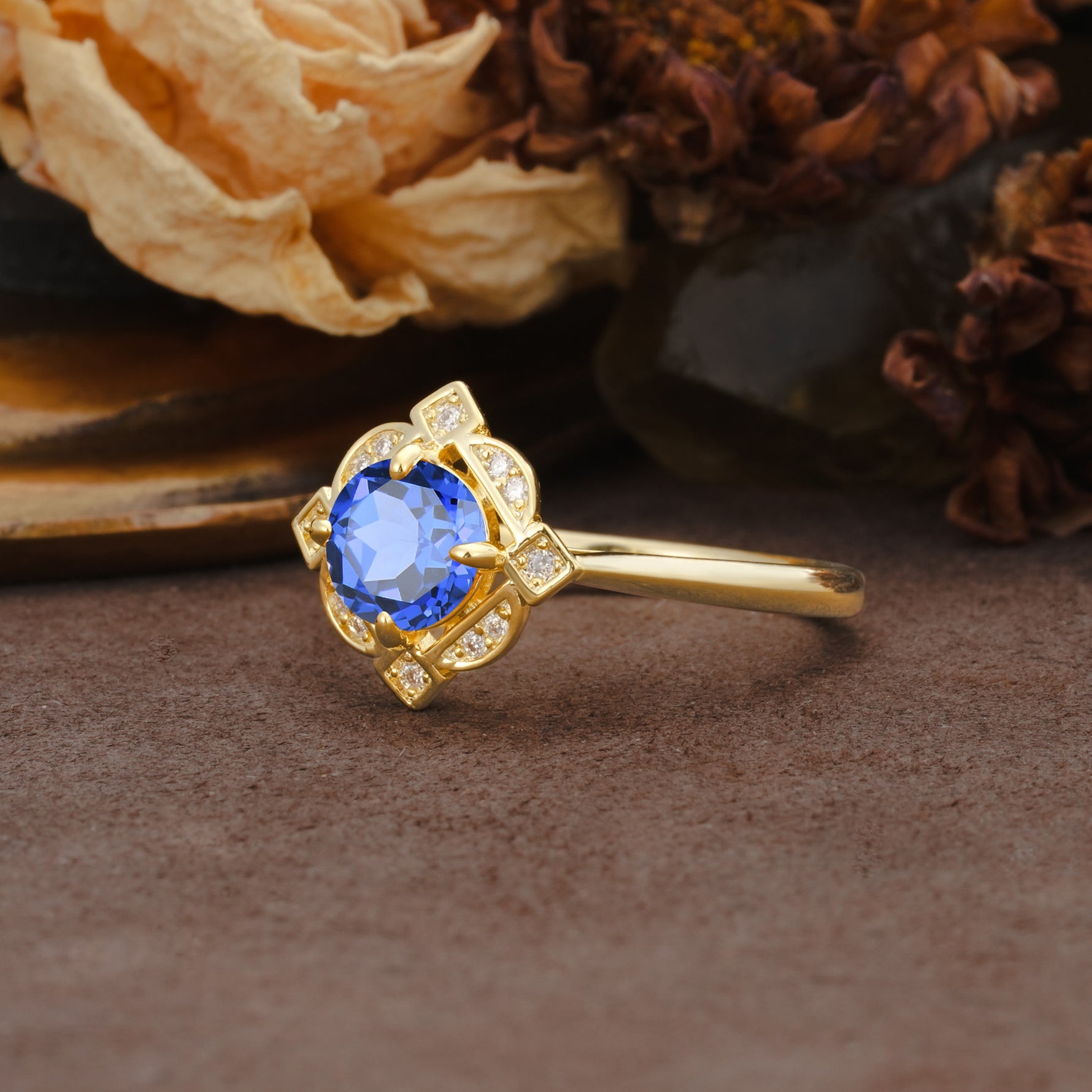 Nature-Inspired Unique Floral-Shaped 4-Prong Round-Cut Sapphire Engagement Ring - Additional view