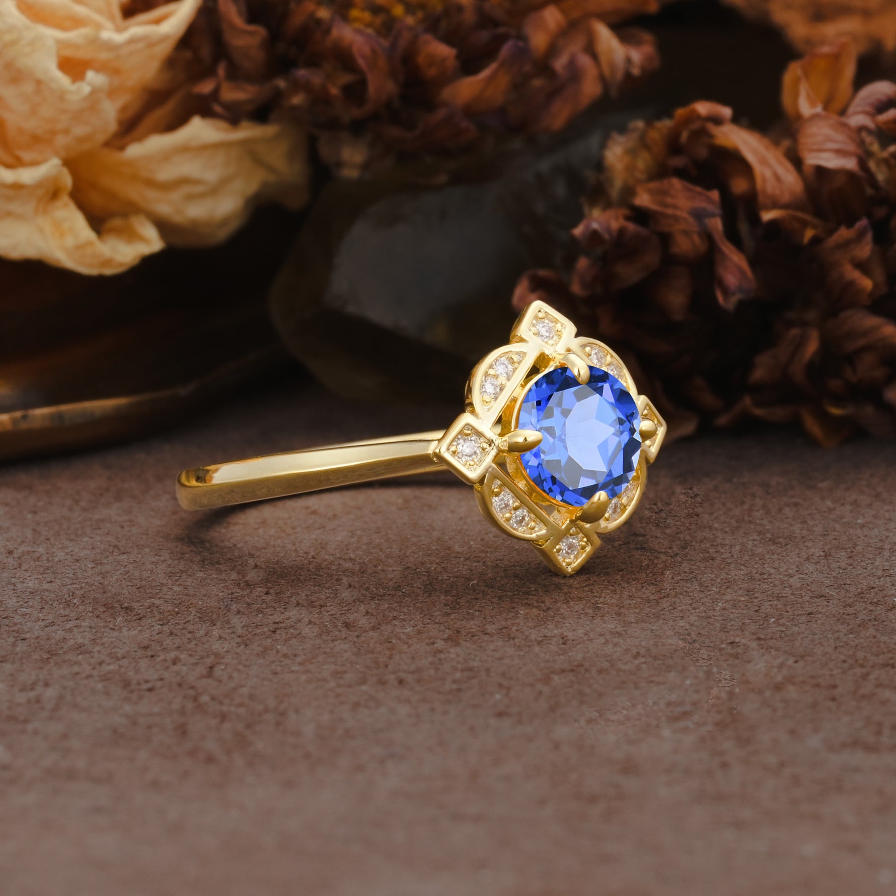 Nature-Inspired Unique Floral-Shaped 4-Prong Round-Cut Sapphire Engagement Ring - Additional view