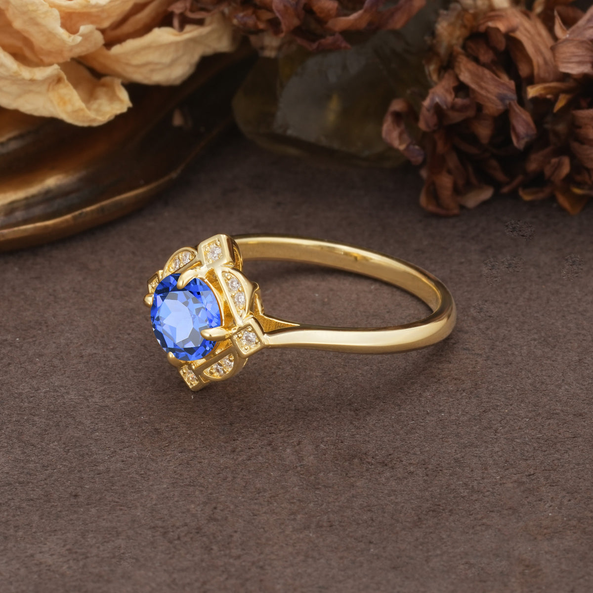 Nature-Inspired Unique Floral-Shaped 4-Prong Round-Cut Sapphire Engagement Ring - Additional view
