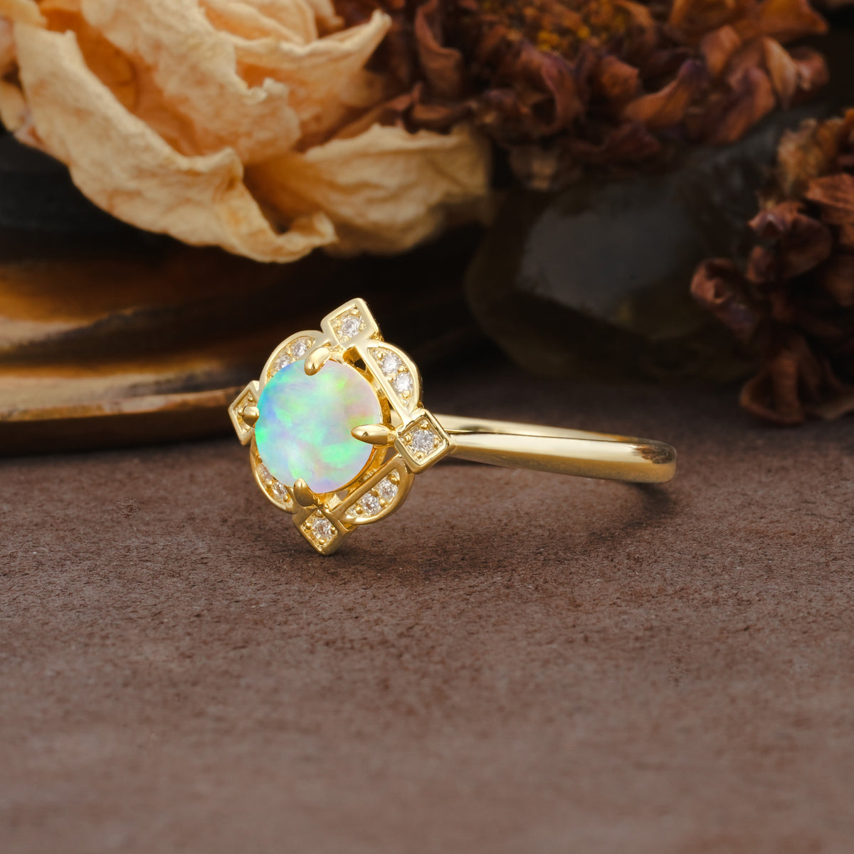 Nature-Inspired Unique Floral-Shaped 4-Prong Round-Cut Fire Opal Engagement Ring - Additional view