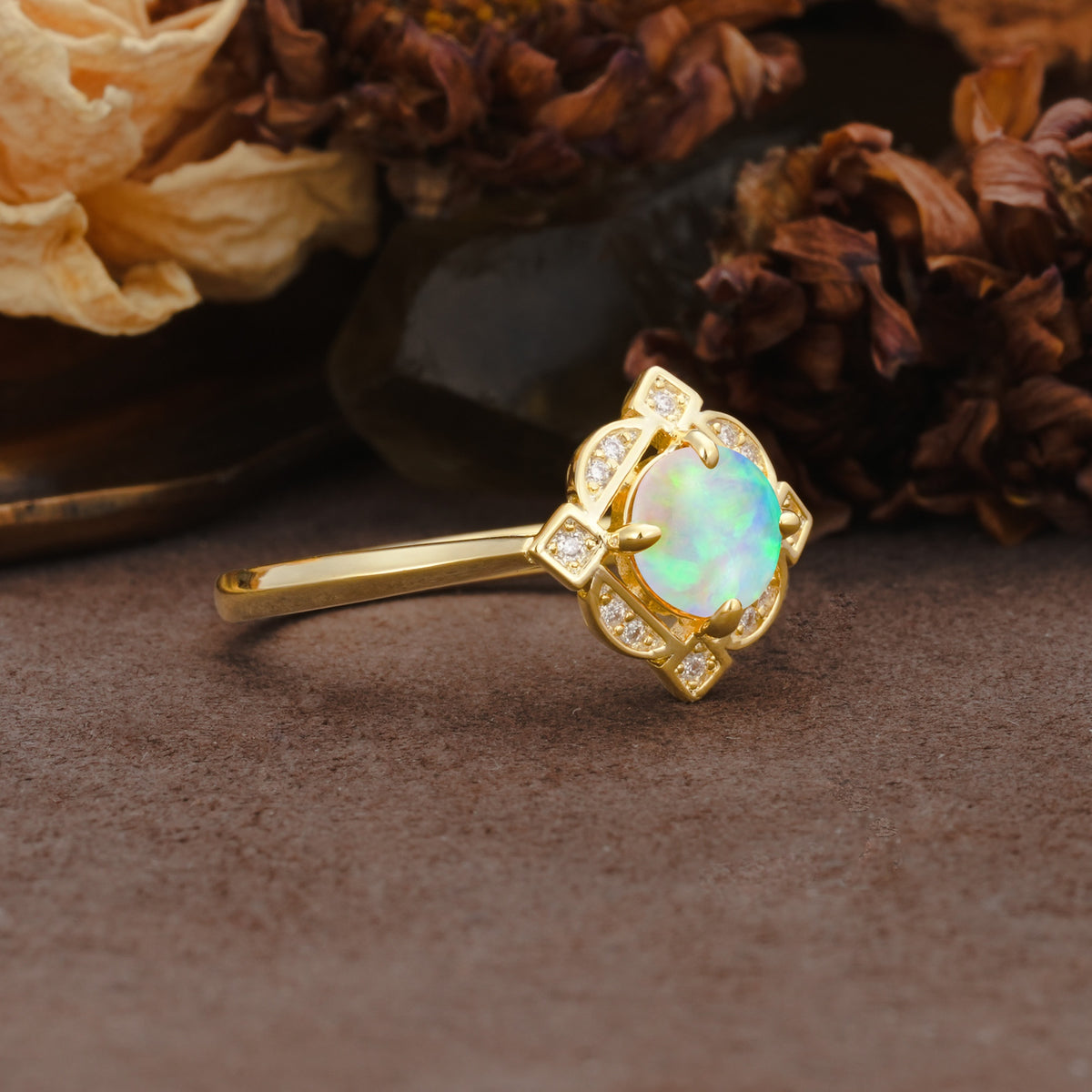 Nature-Inspired Unique Floral-Shaped 4-Prong Round-Cut Fire Opal Engagement Ring - Additional view