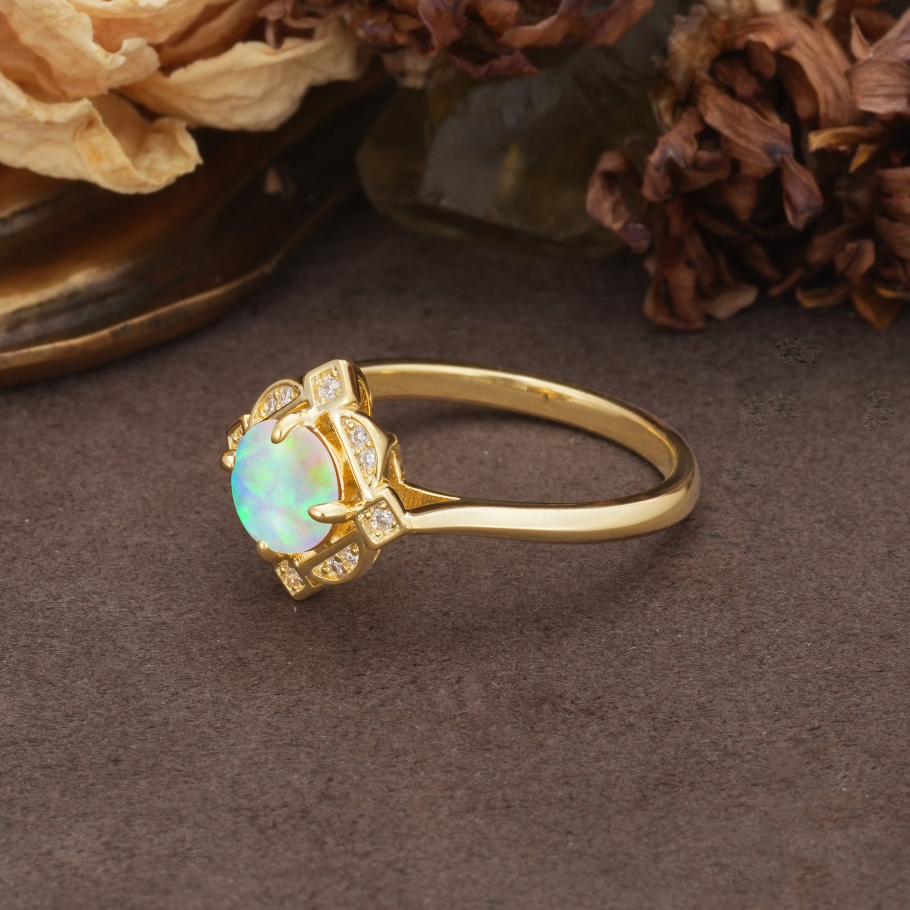 Nature-Inspired Unique Floral-Shaped 4-Prong Round-Cut Fire Opal Engagement Ring - Additional view