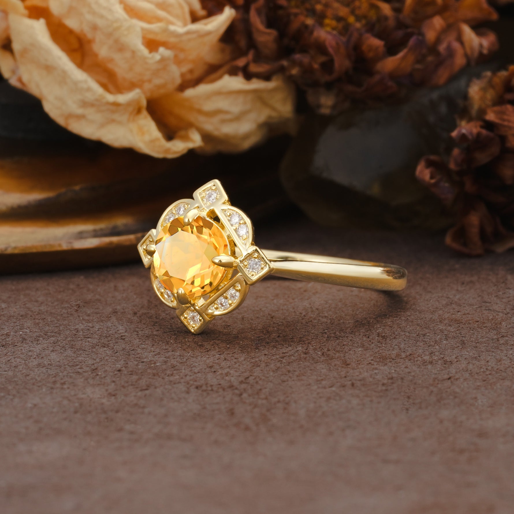 Nature-Inspired Unique Floral-Shaped 4-Prong Round-Cut Citrine Engagement Ring - Additional view